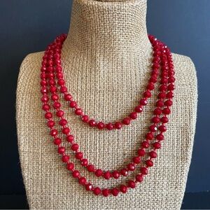 60” inches Elegant cherry red faceted glass beaded Necklace.